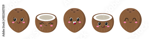 Set coconuts character cartoon, cute eyes, smiling face, emotions happy joy icon vector illustration.
