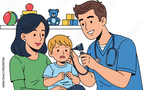 A doctor examines a young boy's ear with an otoscope while his mother sits beside him in a child-friendly medical office.