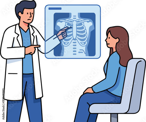 Doctor in white coat pointing at chest x-ray, explaining diagnosis to a seated female patient.