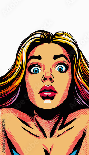 surprised woman with wide blue eyes and open mouth, expressing shock or amazement. Generative ai vector colorful pop art illustration.