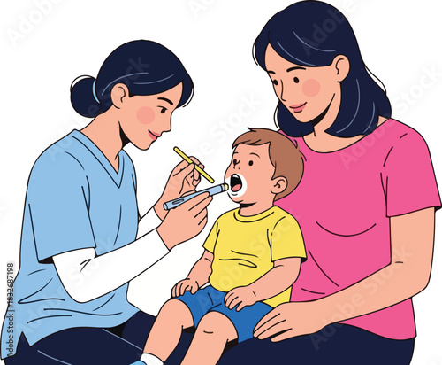 A young child receiving a dental examination by a dentist while sitting on his mother's lap.