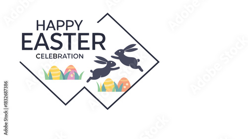 Happy easter celebration with two playful bunnies hopping among colorful decorated eggs and green grass inside a modern geometric frame