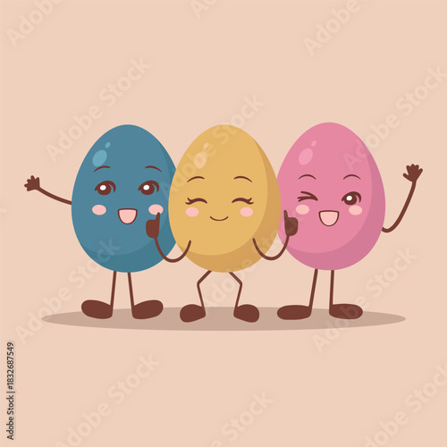 Vector illustration of three colorful cartoon eggs with friendly expressions holding hands.