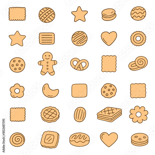  Vector illustration of diverse cookies displayed in various shapes including stars, hearts, and gingerbread. Perfect for bakery themes, recipe designs, or culinary art projects.