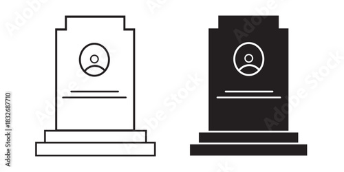 Linear icon. Halloween cemetery tombstone with photo and date of life of deceased. Simple black and white vector isolated on white background