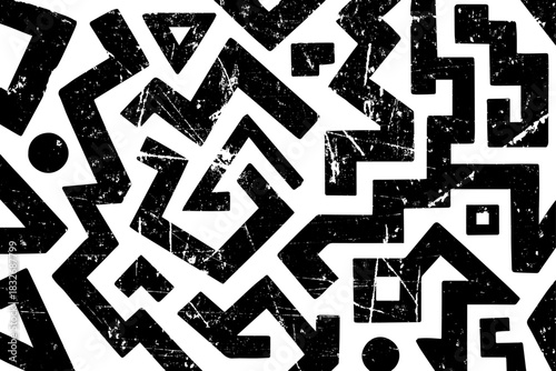 Grunge seamless pattern with abstract geometric shapes and angular maze lines. Distressed bold vector texture with triangles, squares and zigzag motifs. Modern hand-drawn repeating design