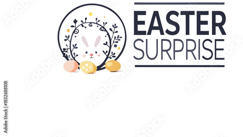 Cute easter bunny face peeking through floral wreath with decorative eggs and the text easter surprise