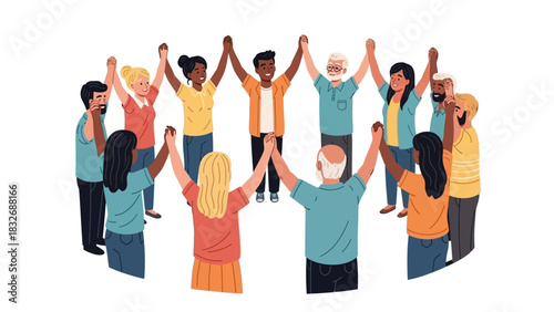 Diverse group of people holding hands in a circle symbolizing unity, community, and cooperation