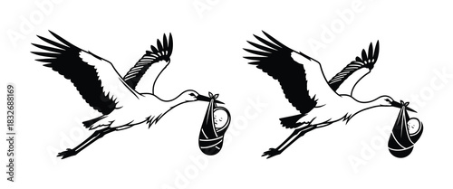 Classic illustration of a stork delivering a newborn baby in a bundle, symbolizing birth and new beginnings