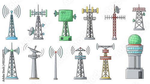 A collection of various communication towers and radio antennas, showcasing a vector illustration set of broadcast technology