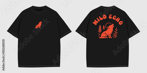 Wild Echo Wolf Graphic For Apparel, Retro Howling Wolf Illustration For Printing, Vintage Forest Wolf Artwork For Shirts, Rustic Wilderness Wolf Badge Design For Merch