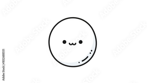 A simple cute round white character with big black eyes and a small smiling mouth drawn in a minimalist cartoon style with a black outline and a few subtle shading dots