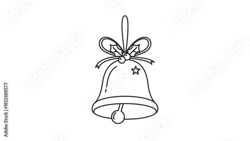 A simple black and white line drawing of a christmas bell decorated with a ribbon bow holly berries and a star ornament hanging against a white background