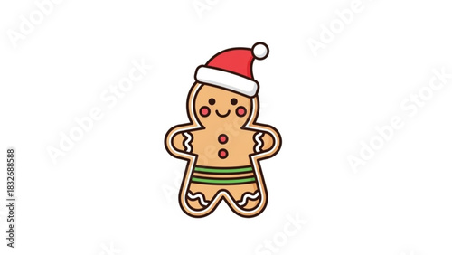 Cute cartoon gingerbread man wearing a santa hat and smiling perfect for festive christmas holiday designs and decorations