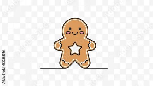 A cute stylized gingerbread man cookie with a star cutout in its belly and rosy cheeks standing on a simple black line against a transparent checkered background