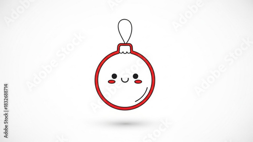 Cute happy red christmas ornament with a smiling face and rosy cheeks on a white background with a subtle shadow perfect for holiday decorations and festive designs