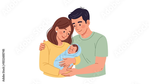 Joyful new parents tenderly holding their newborn baby, celebrating the start of their loving family journey and new parenthood