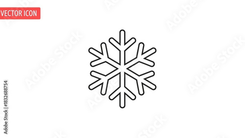 A simple black line art vector icon of a snowflake on a white background representing winter cold weather and frost