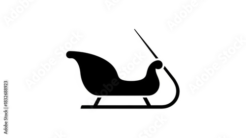 A simple black silhouette of a classic sleigh with runners and a curved handle against a clean white background representing winter and holiday transport