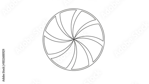 A minimalist black and white line drawing of a swirling circular pattern resembling a pinwheel or a stylized flower on a plain white background