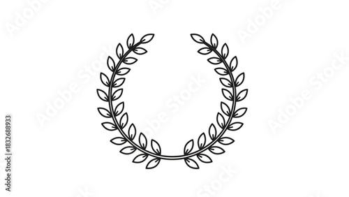 A simple black outline of a laurel wreath with leaves arranged in a circular pattern on a white background symbolizing victory achievement and honor
