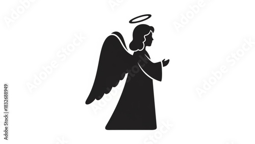 A simple black silhouette of an angel with outstretched hands and a halo against a white background symbolizing hope and divine presence