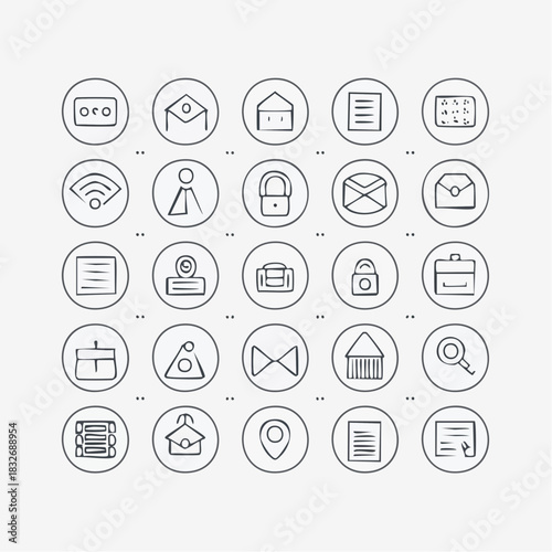 A collection of outlined circular icons representing various business and communication elements.