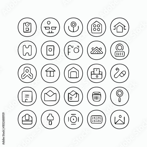 Collection of minimalist line icons in circles representing various objects and concepts.