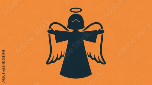A simple stylized dark blue silhouette of an angel with outstretched wings and a halo stands against a vibrant solid orange background evoking a sense of peace and divine presence