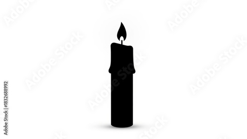 A solitary black candle with a bright flame burns silently against a clean white background casting a subtle shadow below representing light and hope