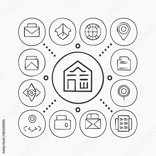 A central house icon surrounded by various circular business-related symbols.