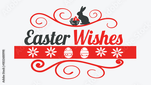 Happy easter wishes with a silhouette of a bunny holding a basket of eggs and decorative swirls and flowers