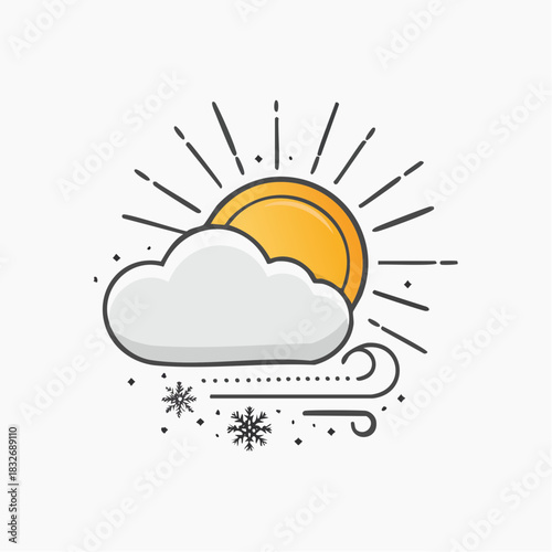 Illustration of a weather icon featuring a sun partially obscured by a cloud, with wind and snowflakes.