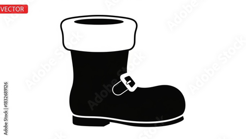 A simple black and white vector illustration of a single santa claus boot with a white fur trim and a buckle isolated on a white background