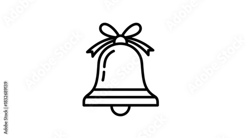 A simple black and white outline icon of a bell with a bow tied around its top perfect for festive or decorative themes