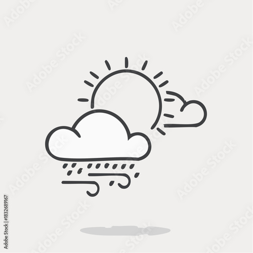 Simple line drawing depicts sun, clouds, rain, and wind, representing weather conditions.