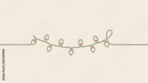 Minimalist string of festive christmas lights with red and green bulbs on a soft cream background perfect for holiday greetings and decorations