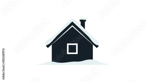 Simple dark blue house silhouette covered in snow with a white square window and chimney on a white background