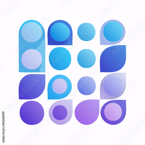 An abstract geometric pattern featuring circles, rounded rectangles, and teardrop shapes in shades of blue and purple.