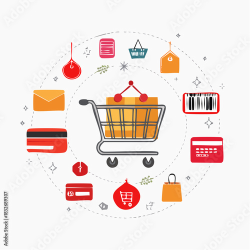 Shopping cart filled with box surrounded by icons representing online shopping and e-commerce elements.