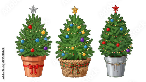 A delightful collection of three distinct illustrated Christmas trees, adorned with festive ornaments, glowing lights, and sparkling toppers, ideal for seasonal designs