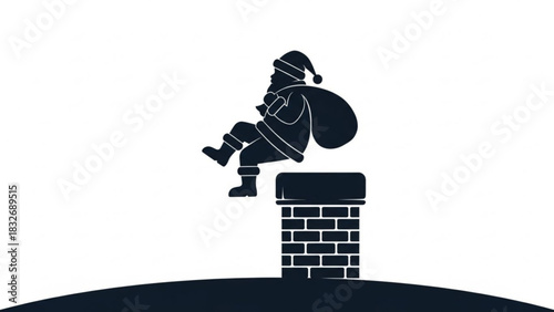 Silhouette of santa claus sitting on a brick chimney with a sack of gifts ready to descend on christmas eve isolated on a white background with a dark foreground silhouette