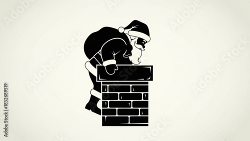 Stylized black silhouette of santa claus climbing down a brick chimney with a sack of gifts on his back against a light cream background