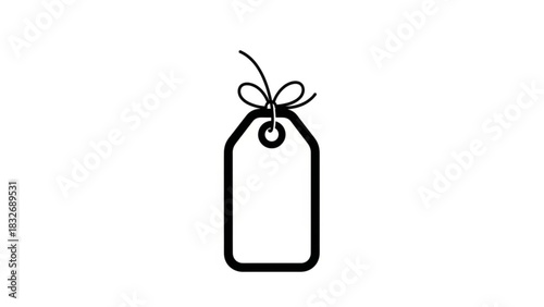 Simple black outline of a price tag with a bow tied to the string isolated on a clean white background representing retail and shopping concepts
