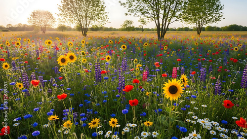 Fototapeta Naklejka Na Ścianę i Meble -  Vibrant wildflower meadow filled with sunflowers, poppies, and blue blooms at sunrise