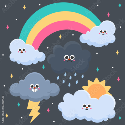 Kawaii Cute Cloud Set With Various Expressions