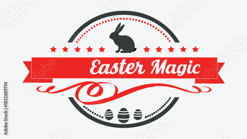 Easter magic graphic emblem with a silhouette of a rabbit decorative ribbon stars and easter eggs perfect for holiday celebrations and designs