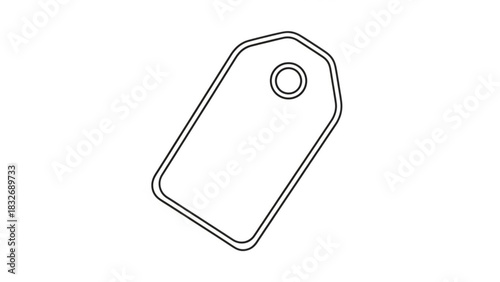 A simple clean black and white line drawing of a blank rectangular tag with rounded corners and a hole for hanging isolated on a white background