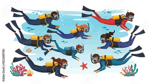 Group of enthusiastic divers exploring the vibrant coral reef and diverse marine life in crystal-clear ocean waters