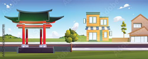 Illustration of a traditional Asian gate with a view of mountains, apartments and shops on a city street.